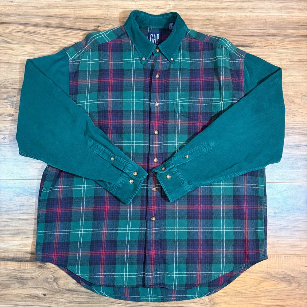 Gap Vintage Men Large Plaid Flannel Corduroy Mixed Button Down Shirt Green